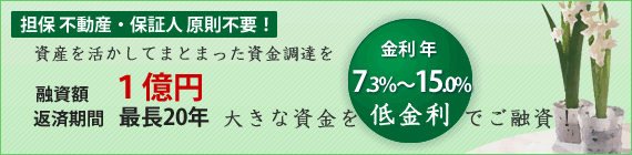 融資額1億円、金利7.3％〜15.0％、返済期間最長20年！担保 不動産・保証人原則不要！