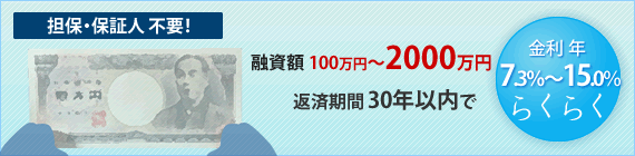 融資額100万円〜2000万円、金利7.3％〜15.0％、返済期間30年以内でらくらく返済、担保・保証人不要！